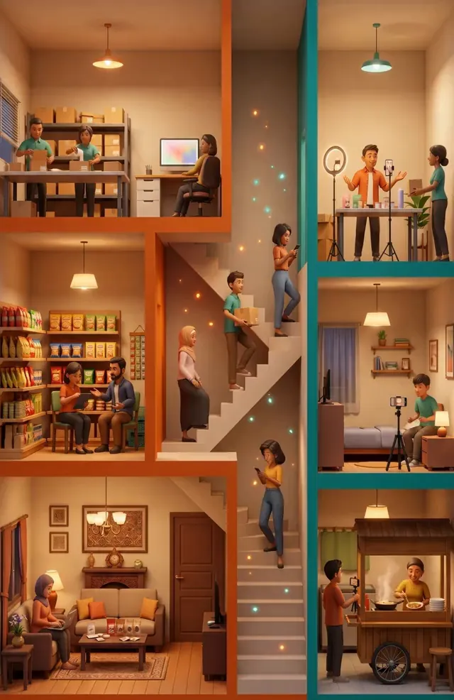 Ilustrasi rumah Komunitas MEA: gudang, toko, dan rumah untuk seller; studio live, kamar kos, dan warung untuk kreator.