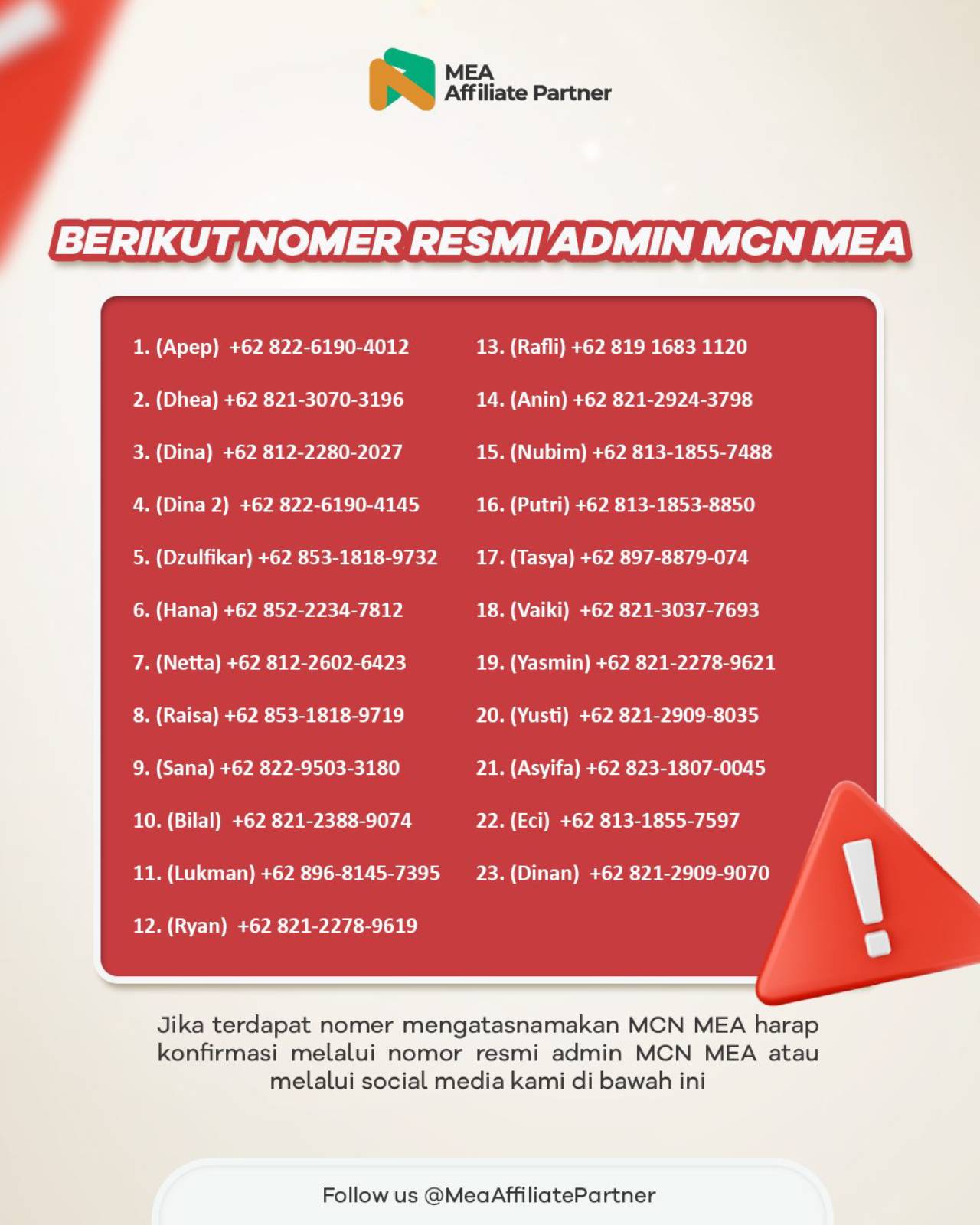 nomor admin resmi MCN MEA