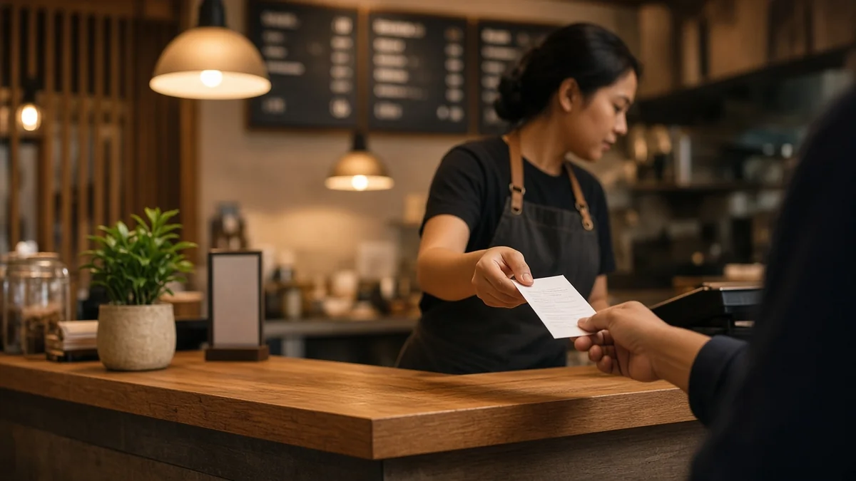 Kasir restoran melayani pelanggan yang menukarkan voucher TikTok GO partner