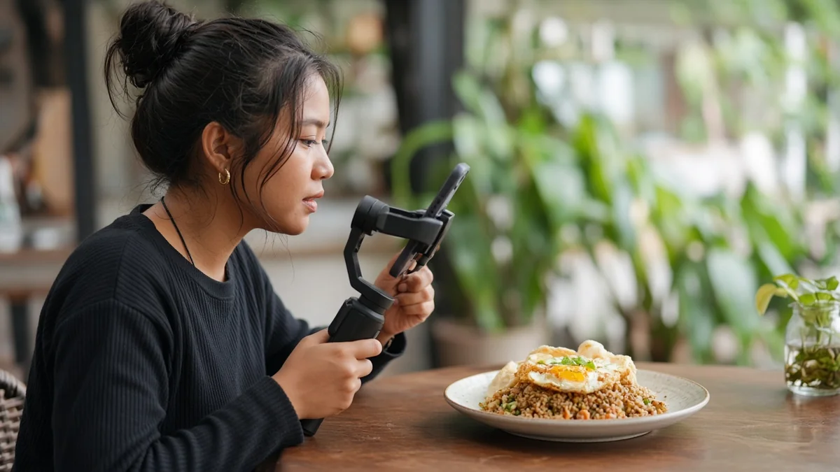 Kreator kuliner merekam konten review restoran untuk kampanye TikTok GO partner